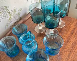 Set of 4 Regency Blue Cordial Glasses, Blue Blown Glassware - Set of 4 Glasses, Pitcher