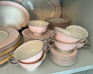 Pink and White China Dinnerware Set with "35" Marking