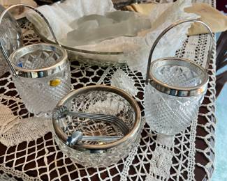 2 Crystal Metal Handled Ice Buckets, Crystal Bowl with Metal Rim