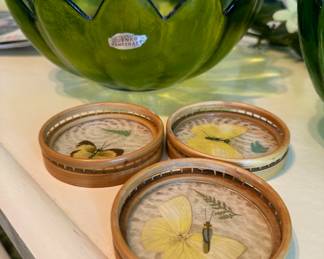 Set of 3 Butterfly Coasters, Blenko Green Glass Lotus Bowl