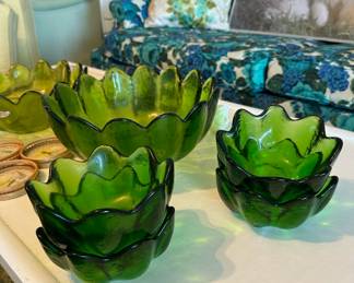 Green Glass Lotus Bowls - Serving Bowl, 4 Small Bowls