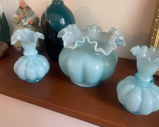 3 Light Blue Blown Glass Ruffle Top Vases