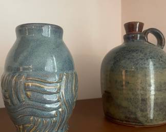 Green/Blue/Brown Pottery Jug, Blue/Tan Basket Weave Design Vase