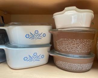 Pyrex Woodland Brown Casserole Dishes with Lids  -  2.5 Qt, 1 L, 2 Corning Ware Blue Cornflower Casserole Dishes with Lids