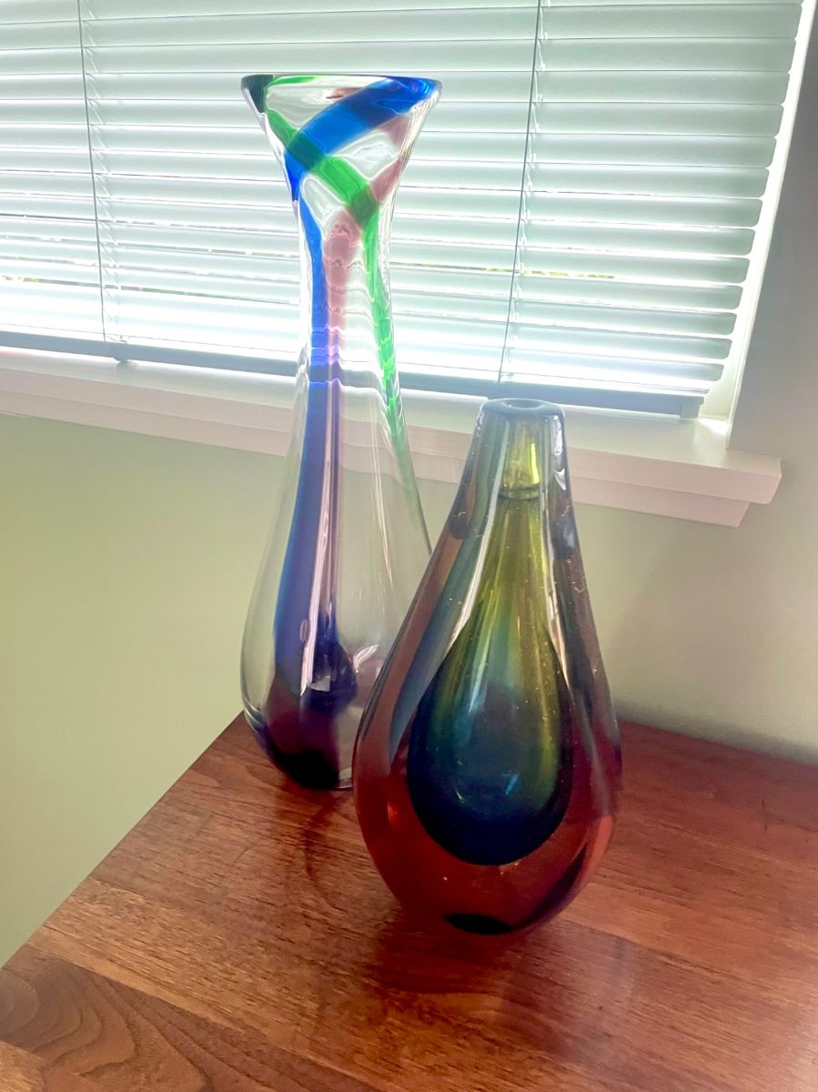 Blown Glass Multicolored Teardrop Vase, Tall Multicolored Bud Vase