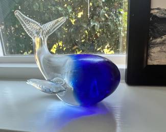 Blown Glass Cobalt Blue/Clear Whale Paperweight