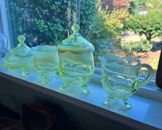 Yellow Opalescence Vaseline/Uranium Glass - Small Pitcher, Spooner, Butter Dish, Sugar Bowl