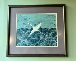 Crane Flying over Water Artwork by Sakura Onuma Davis