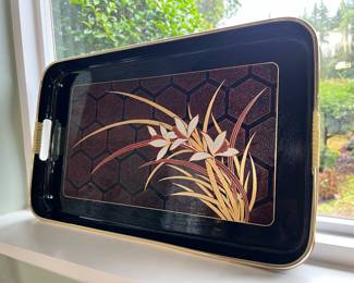 Japanese Black Lacquered Serving Tray with Floral Design