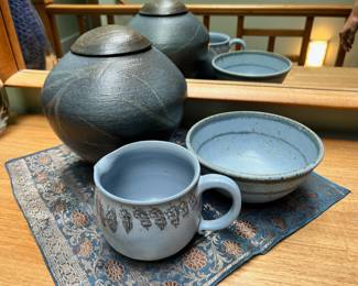 Blue Pottery Creamer, Blue/White Pottery Bowl, Rounded Blue/Gray Pottery Urn/Lidded Jar