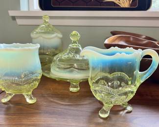 Yellow Opalescence Vaseline/Uranium Glass - Small Pitcher, Spooner, Butter Dish, Sugar Bowl