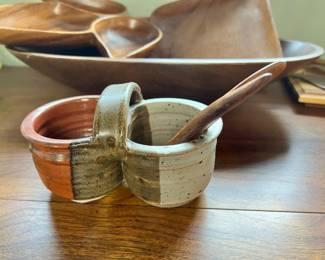 Pottery Double Dip Bowls with Handle