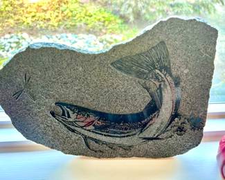 Salmon Painting on Stone 