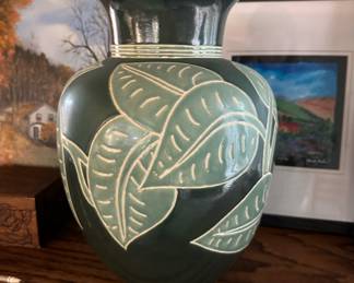 Green Pottery Vase with Leaf Design