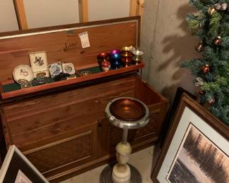 Vintage ash tray, Lane cedar chest, art, huge wreath.