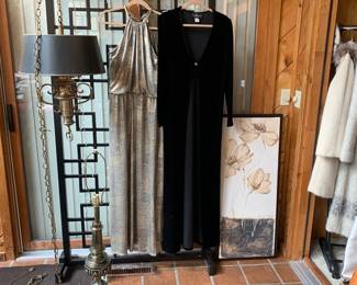 Black lacquer screen, vintage brass hanging lamp, art.