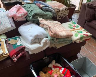 More quilts, afghans, and vintage blankets, + Avon, zither, 