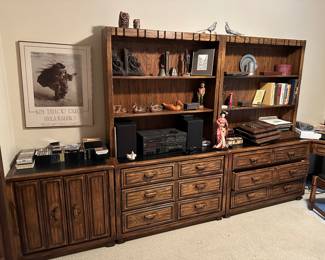 Vintage wood drawers, cabinet and shelving unit, a few vintage books, small stereo set