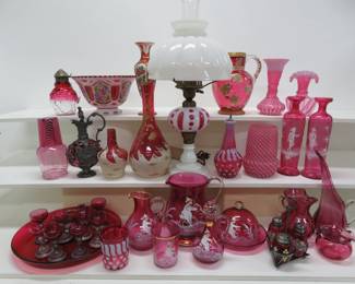 Collection of cranberry and Mary Gregory glass