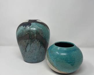 Vintage Turquoise Raku Crackle Glaze Pottery Vases - (1) Signed