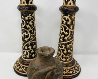 Vtg Rustic Mexican Stoneware Folk Art Vase & Thai Candle Holders