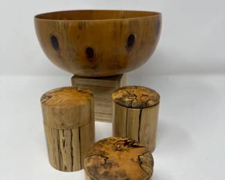 Handcrafted Wood Bowl & Silver Birch Wood Canisters