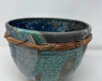 Raku Iridescent Glaze Decor Bowl w/ Pine Needle Detail - Signed