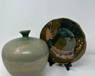 Signed Sculpted Art Pottery Vase & Plate - Grava