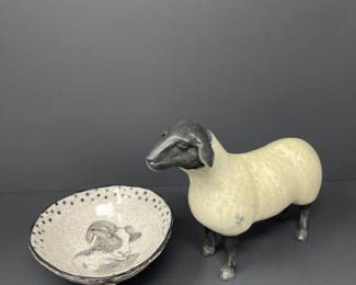 Cast Iron Sheep & Signed Pottery Ceramic Goat Themed Bowl
