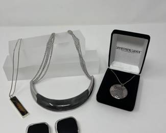 Black & Silver Tone Designer Jewelry + Sterling Necklace