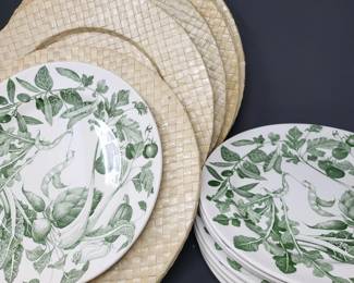 Eight Crate & Barrel 10" La Primula (Italy) Dinner Plates & Wicker Woven Chargers