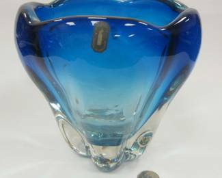 1960'S WHITEFRIARS ENGLISH BLUE HEAVY VASE.  Wear on foot
