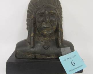 CARVED WOOD BUST OF A NATIVE CHIEF. SIGNED FK GARRISON 1978
