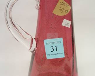 artist signed modern cranberry glass pitcher