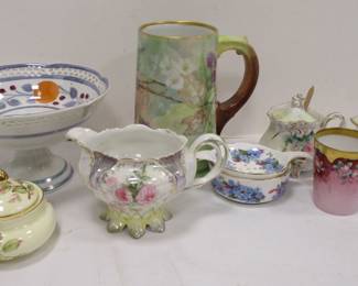 RS PRUSSIA CREAMER, MINI LENOX CORNUCOPIA, HAND PAINTED LIMOGES MUG, BAVARIAN LUSTER WARE COMPOTE