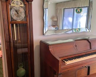 Grandfather clock, Venetian mirror, & player piano