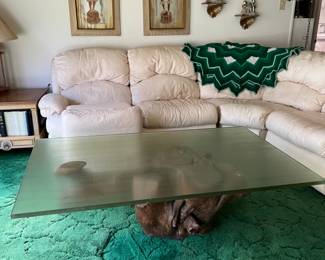 Tree trunk base table, leather section recliner couch
