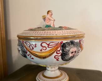 Vintage Capodimonte dish with cherub finial, Lion heads.