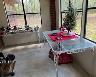 Nice outdoor/ patio Glass and metal tables, lots of nice silver plated items