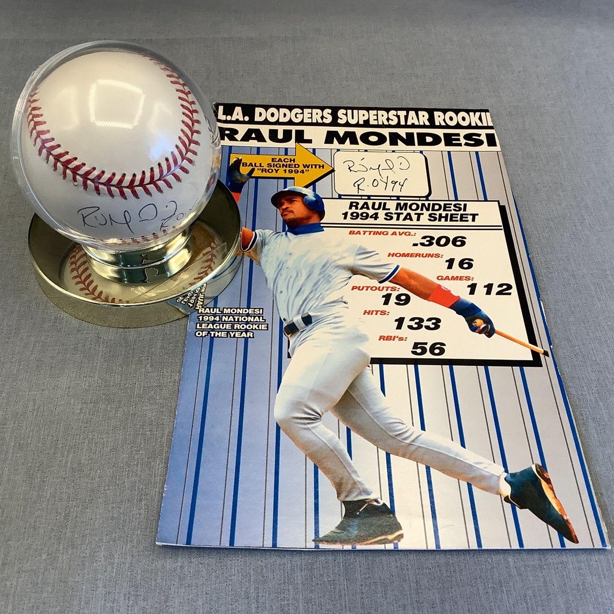 Autographed card and baseball, Dodgers Superstar Rookie, Raul Mondesi. His cards are in this auction as well.