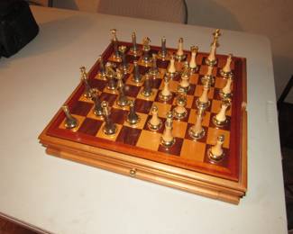 Wood & brass chess set, backgammon underneath