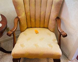 $90 Scalloped back tan & gold chair