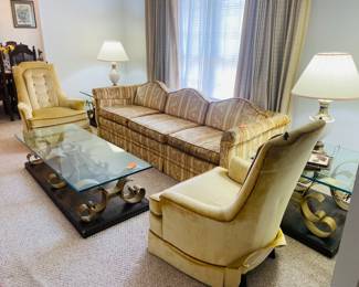 $225  70's wood/metal/glass 1" Coffee table & 2 side tables 

