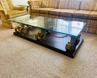$225  70's wood/metal/glass 1" Coffee table & 2 side tables 