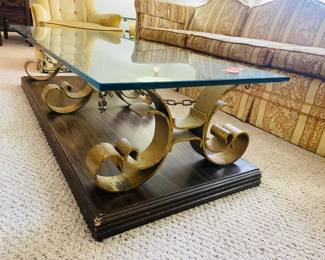 $225  70's wood/metal/glass 1" Coffee table & 2 side tables 