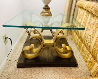 $225  70's wood/metal/glass 1" Coffee table & 2 side tables 