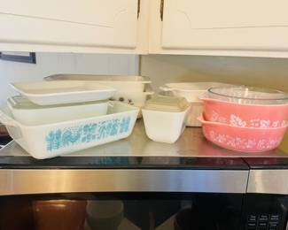 $90 Pyrex pink harvest SOLD 
$90 Pyrex turquoise Amish 
$30 Pyrex milk glass golden pinecone SOLD 
$20 Pyrex milk glass golden acorn SOLD 
