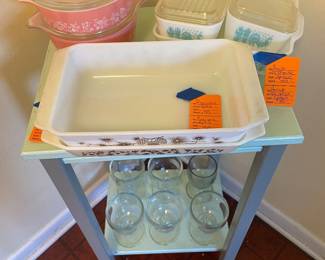 $90 Pyrex pink harvest SOLD 
$90 Pyrex turquoise Amish 
$30 Pyrex milk glass golden pinecone SOLD 
$20 Pyrex milk glass golden acorn SOLD 
