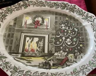 Vintage Johnson Bros. Turkey platter Merry Christmas with fireplace.