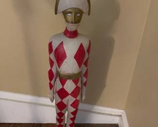 Large hand-painted wood harlequin jester folk art statue.